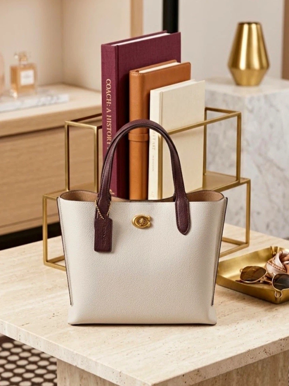 Coach Cream Leather Tote with Brown Handles